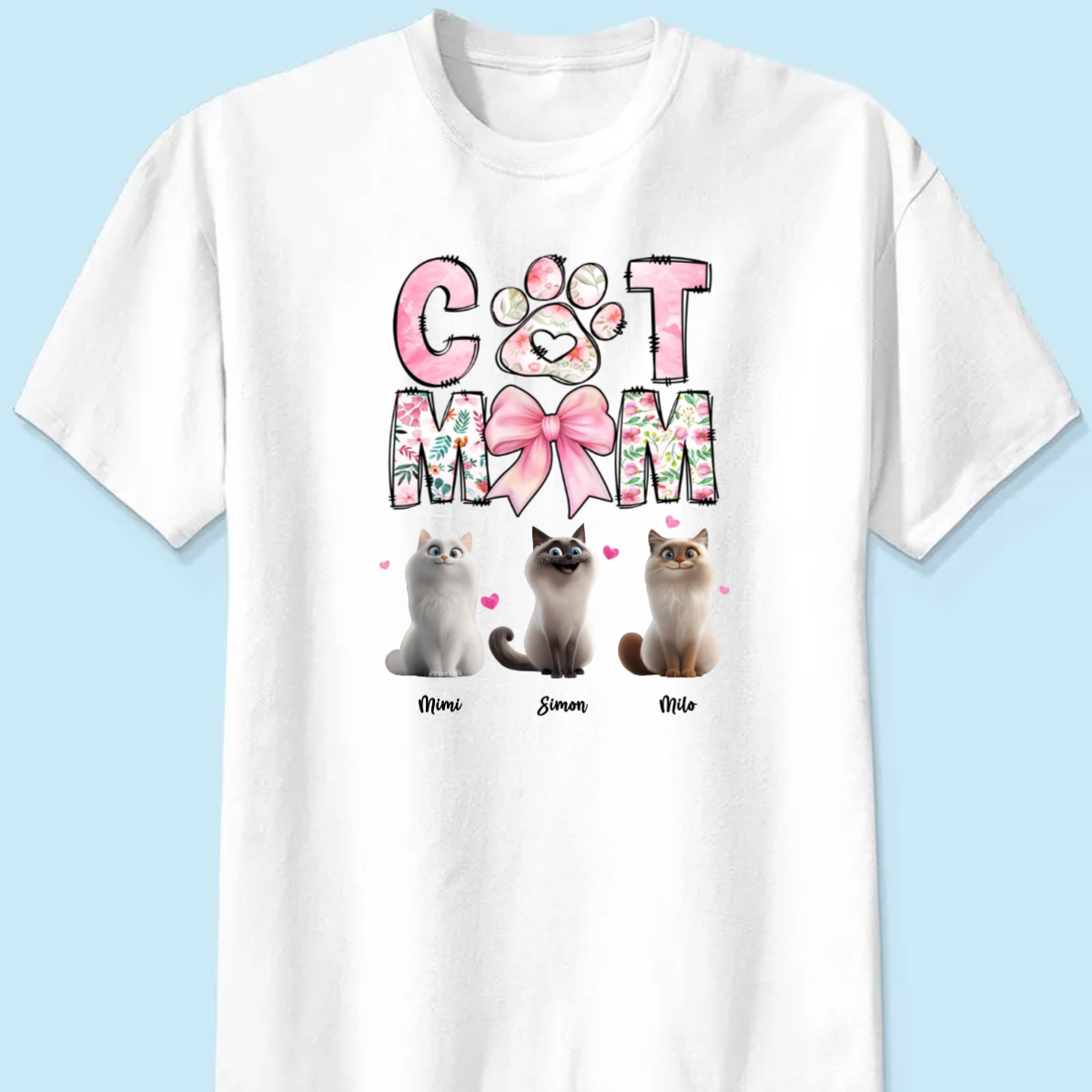 Cat Mom Pink Coquette Personalized Shirt, Cartoon Cute Cat, Gift for Cat Moms