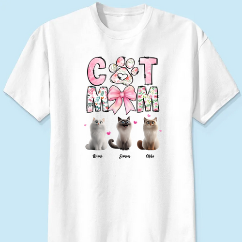 Cat Mom Pink Coquette Personalized Shirt, Cartoon Cute Cat, Gift for Cat Moms