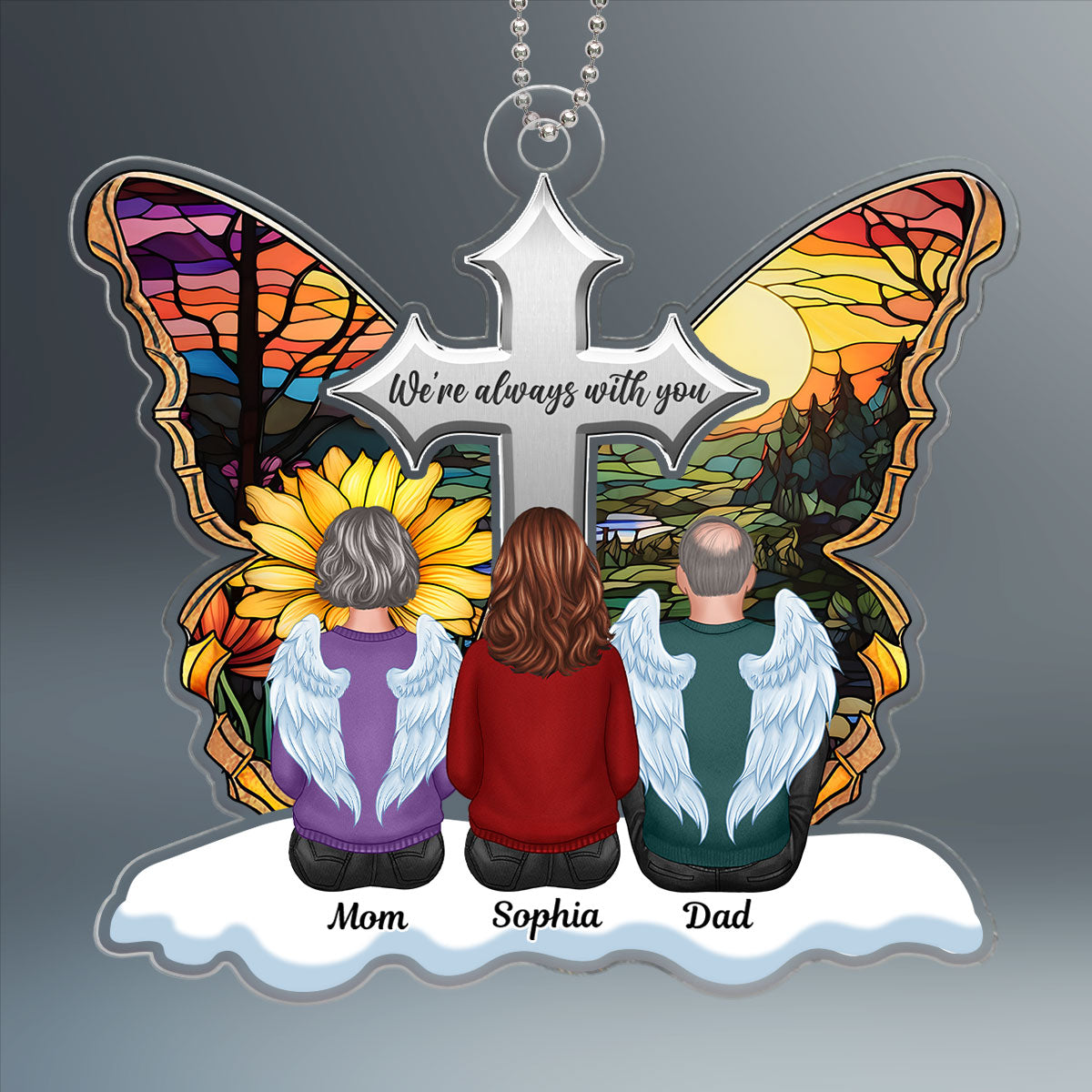 Stained Glass Cross Butterfly Family Sitting Memorial Keepsake Personalized Acrylic Ornament