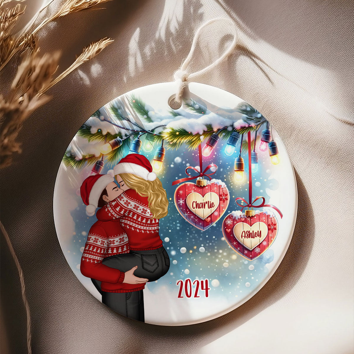 Christmas Hearts Couple Kissing Personalized Circle Ceramic Ornament