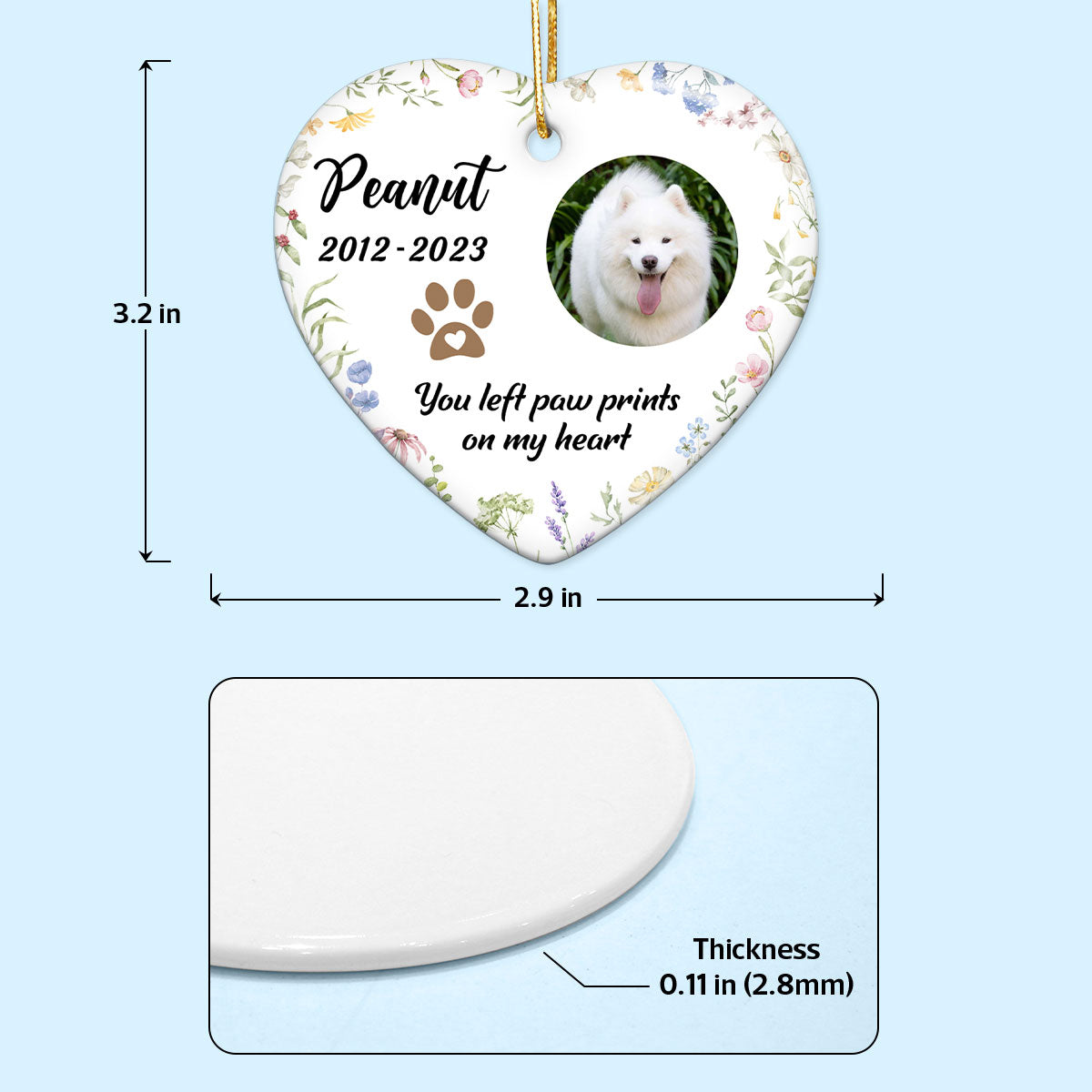 You Left Paw Prints On Our Hearts Personalized Ceramic Heart Ornament, Custom Photo Pet Memorial Gift, Dog Memorial, Cat Memorial