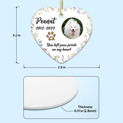 You Left Paw Prints On Our Hearts Personalized Ceramic Heart Ornament, Custom Photo Pet Memorial Gift, Dog Memorial, Cat Memorial