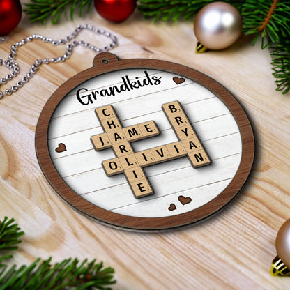 Grandkids Crossword Puzzle Art - Personalized Wooden Ornament