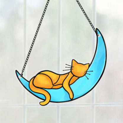 Sleeping Cat On Moon Handcrafted Suncatchers, Cat Decoration, Cat Memorial Gifts Personalized Acrylic Windows Hangings