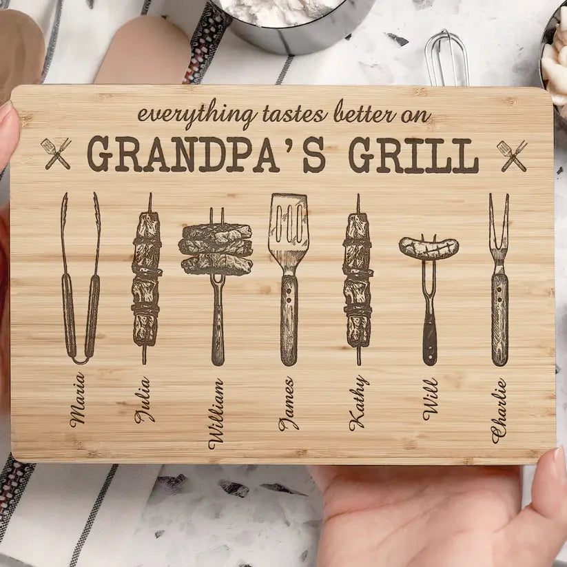 Everything Tastes Better On Grandpa's Grill - Personalized Cutting Board  The Next Custom Gift