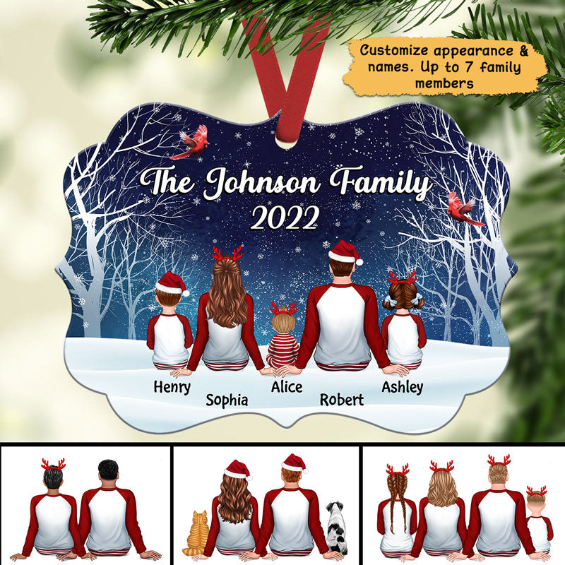 Pajamas Family Sitting In Snow Cardinal Tree Personalized Christmas Ornament