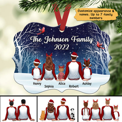 Pajamas Family Sitting In Snow Cardinal Tree Personalized Christmas Ornament