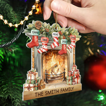 Vintage Christmas Stockings Fireplace Family Names Personalized Acrylic Ornament, Christmas Gift For Family