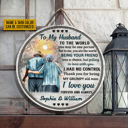 Family Old Couple To My Husband You Are The World Skin Custom Wood Circle Sign, Couple Gift, Anniversary Gift, Wall Art, Wall Decor, Memorial Gift, Grandparents Day Gifts