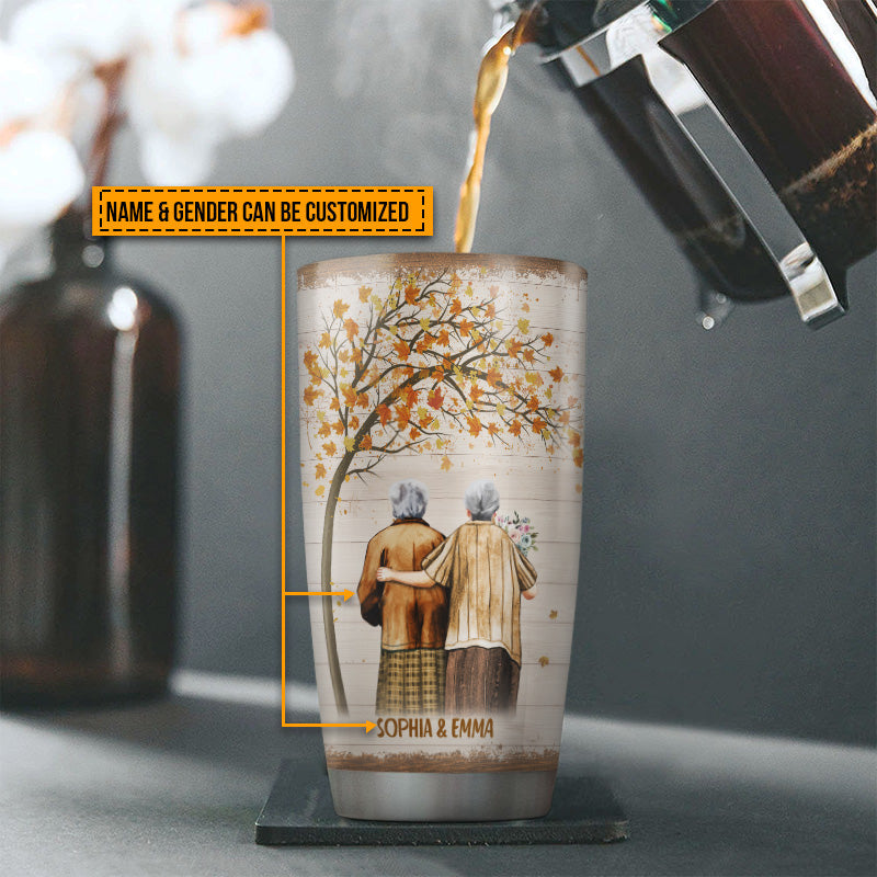 Family Pride Husband Wife Old Couple You Are The World Fall Leaves Custom Tumbler, Couple Gift, Anniversary Gift, Memorial Gift, Grandparents Day Gifts