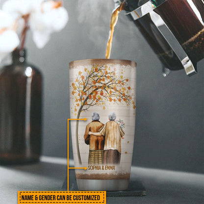 Family Pride Husband Wife Old Couple Turn Back The Clock Fall Leaves Custom Tumbler, Couple Gift, Anniversary Gift, Memorial Gift, Grandparents Day Gifts