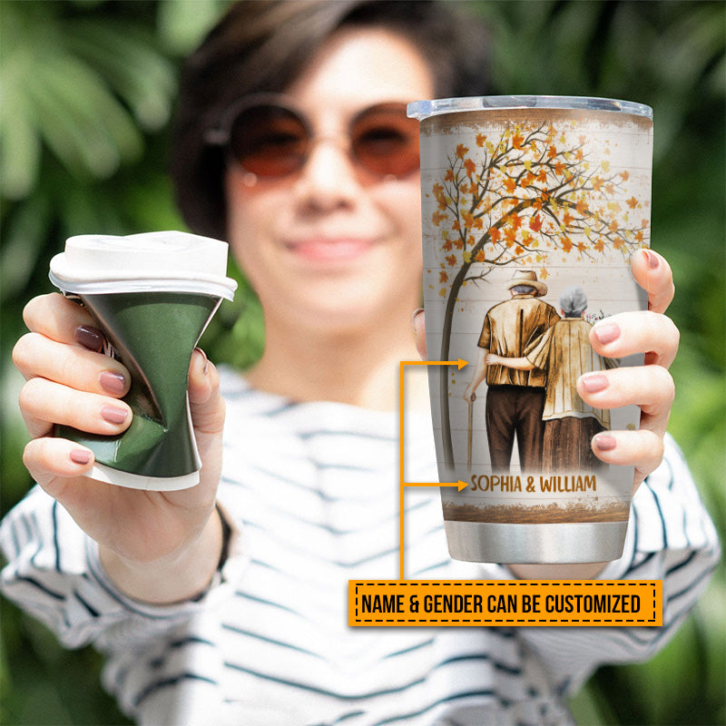 Family Pride Husband Wife Old Couple You Are The World Fall Leaves Custom Tumbler, Couple Gift, Anniversary Gift, Memorial Gift, Grandparents Day Gifts
