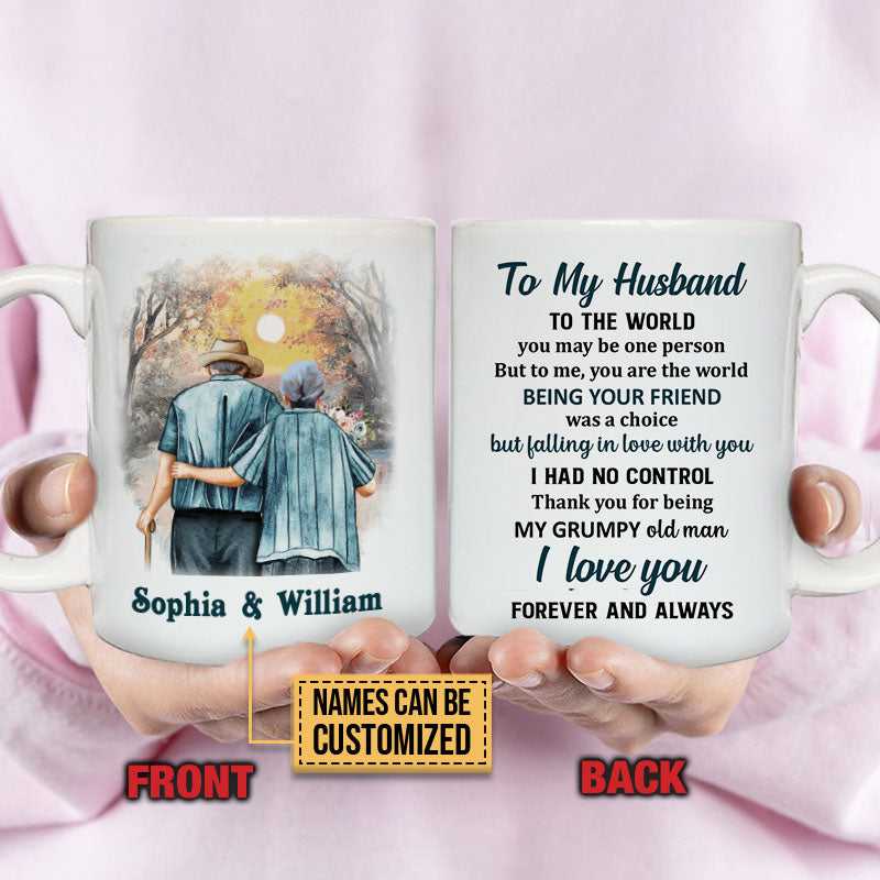 Family Old Couple To My Husband You Are The World Custom Mug, Couple Gift, Anniversary Gift, Memorial Gift, Grandparents Day Gifts