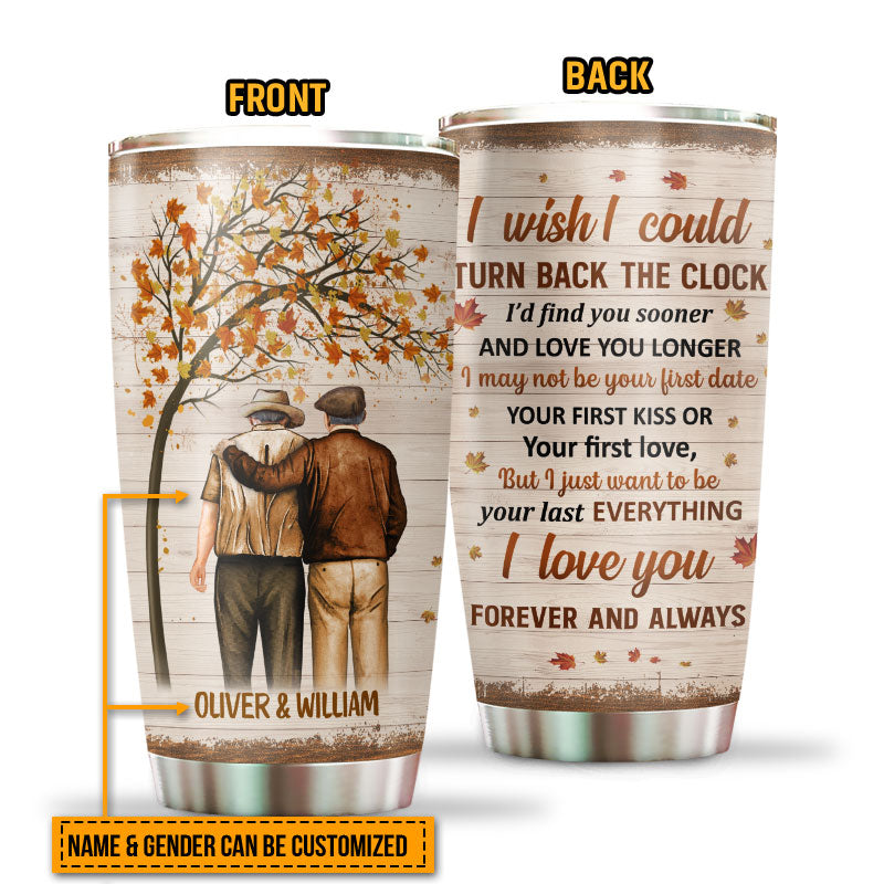 Family Pride Husband Wife Old Couple Turn Back The Clock Fall Leaves Custom Tumbler, Couple Gift, Anniversary Gift, Memorial Gift, Grandparents Day Gifts