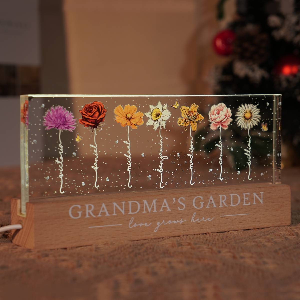 Grandma‘s Garden Birth Month Flowers Personalized Acrylic Block LED Night Light, Mother's Day Gift For Grandma, Mom, Auntie, Sister