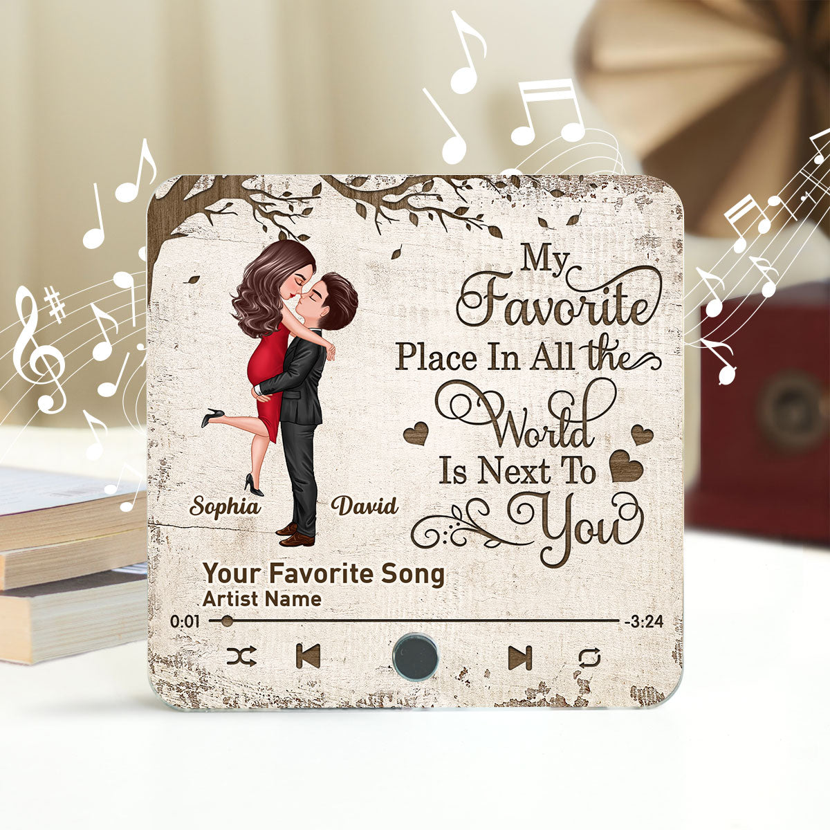 Favorite Place In The World Couple Hugging Kissing Personalized Music Fridge Magnet, Gift For Him, For Her, For Valentine's Day