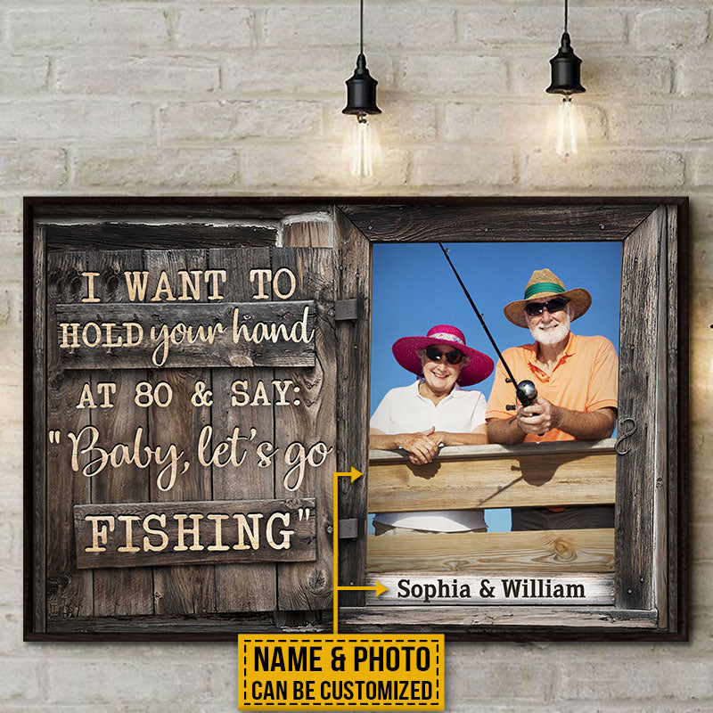 Custom Photo Fishing Old Couple Husband Wife Hold Your Hand Window Photo Gift Custom Poster, Wall Pictures, Wall Art, Wall Decor