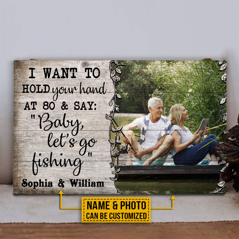 Custom Photo Fishing Old Couple Husband Wife Hold Your Hand Photo Gift Custom Wood Rectangle Sign, Wall Pictures, Wall Art, Wall Decor