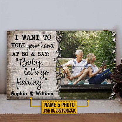 Custom Photo Fishing Old Couple Husband Wife Hold Your Hand Photo Gift Custom Wood Rectangle Sign, Wall Pictures, Wall Art, Wall Decor