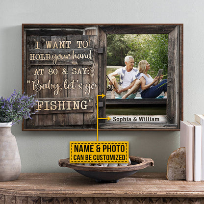 Custom Photo Fishing Old Couple Husband Wife Hold Your Hand Window Photo Gift Custom Poster, Wall Pictures, Wall Art, Wall Decor