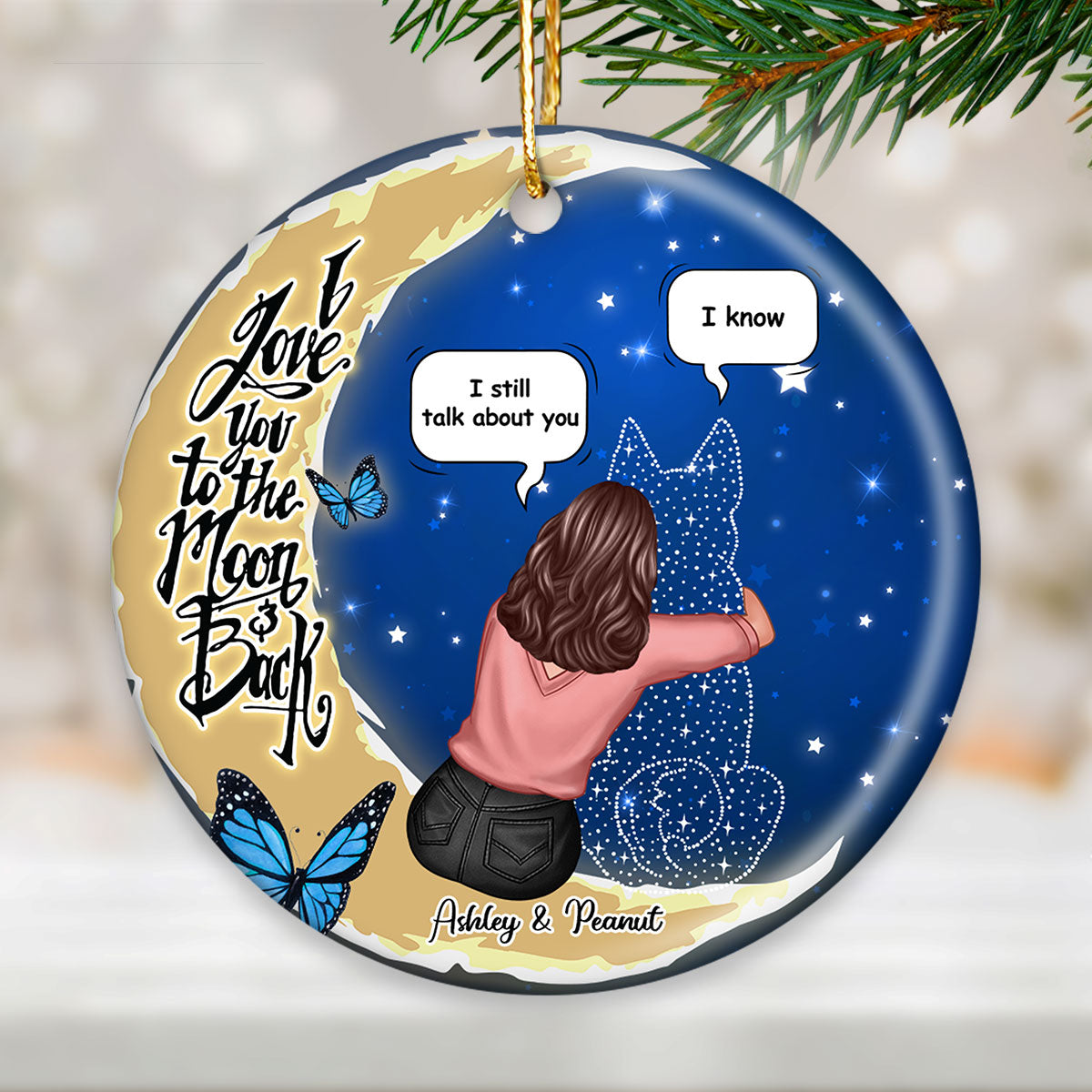 Dog Memorial Sitting On Moon Personalized Circle Ceramic Ornament