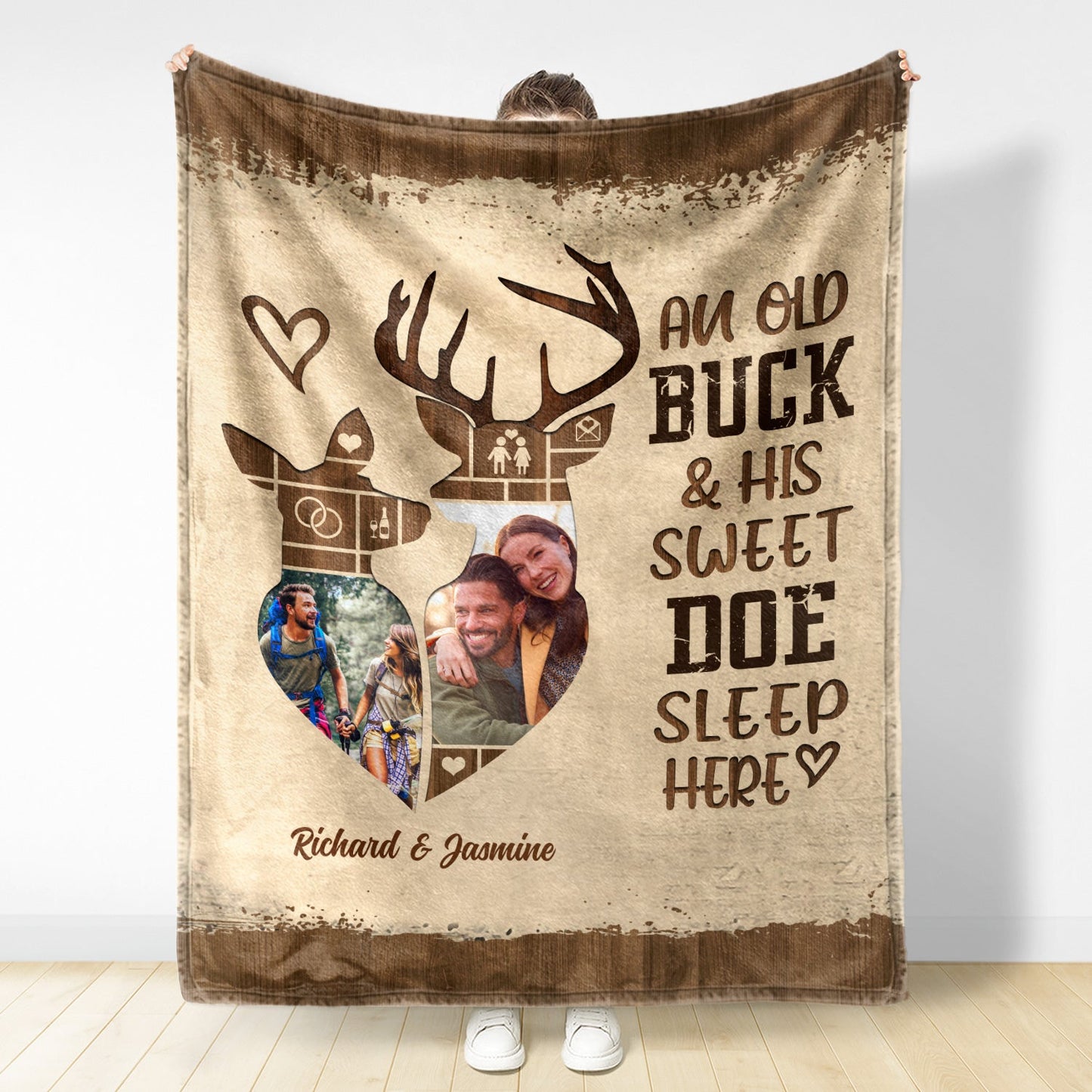 Custom Photo Old Buck & Sweet Doe Snuggle Blanket - Gift For Couples - Personalized Fleece Blanket, Sherpa Blanket