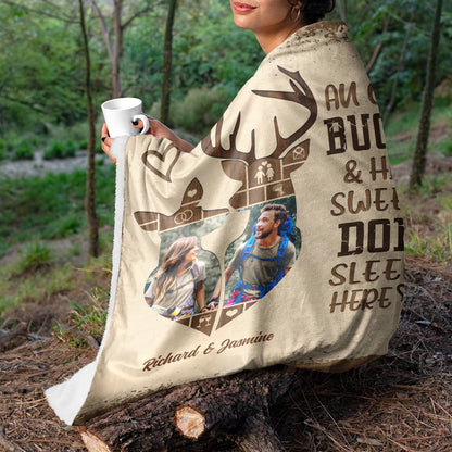 Custom Photo Old Buck & Sweet Doe Snuggle Blanket - Gift For Couples - Personalized Fleece Blanket, Sherpa Blanket