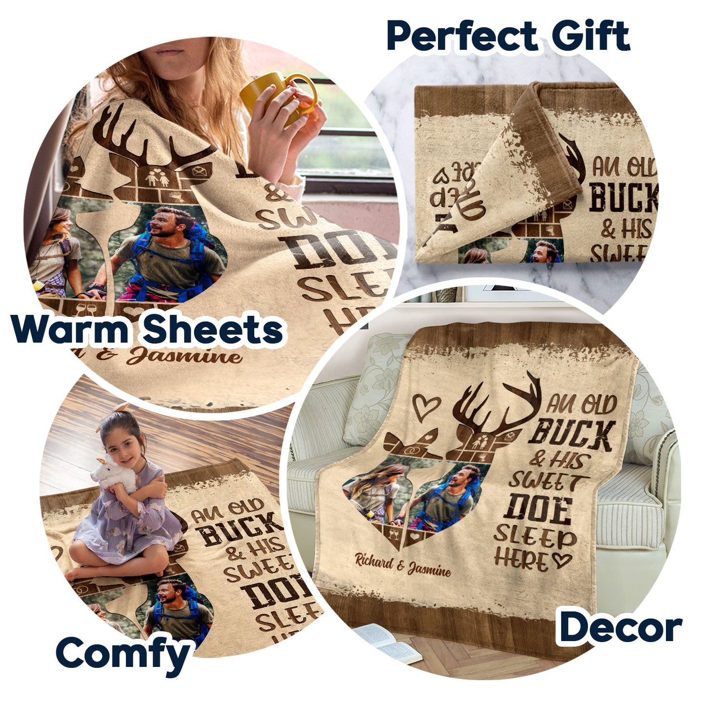 Custom Photo Old Buck & Sweet Doe Snuggle Blanket - Gift For Couples - Personalized Fleece Blanket, Sherpa Blanket