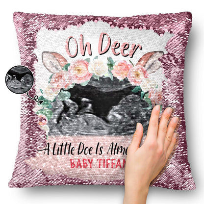 Custom Photo Oh Deer - Baby Shower Baby Gender Reveal Gift For Mother - Personalized Sequin Pillow