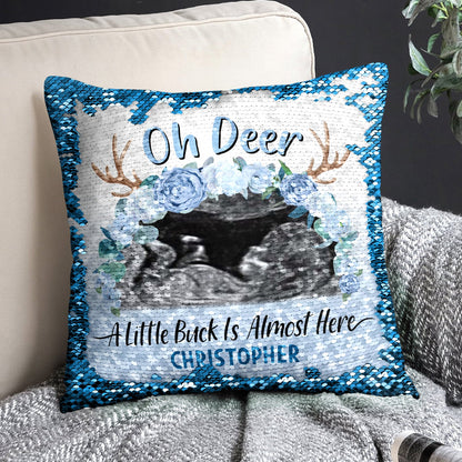 Custom Photo Oh Deer - Baby Shower Baby Gender Reveal Gift For Mother - Personalized Sequin Pillow