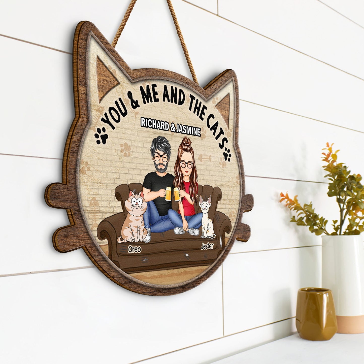 You & Me And The Cats - Gift For Cat Lovers, Gift For Couple - Personalized Custom Shaped Wood Sign