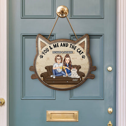 You & Me And The Cats - Gift For Cat Lovers, Gift For Couple - Personalized Custom Shaped Wood Sign