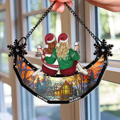 Besties Friends Sisters Sitting Together Snowflakes - Personalized Window Hanging Suncatcher Ornament