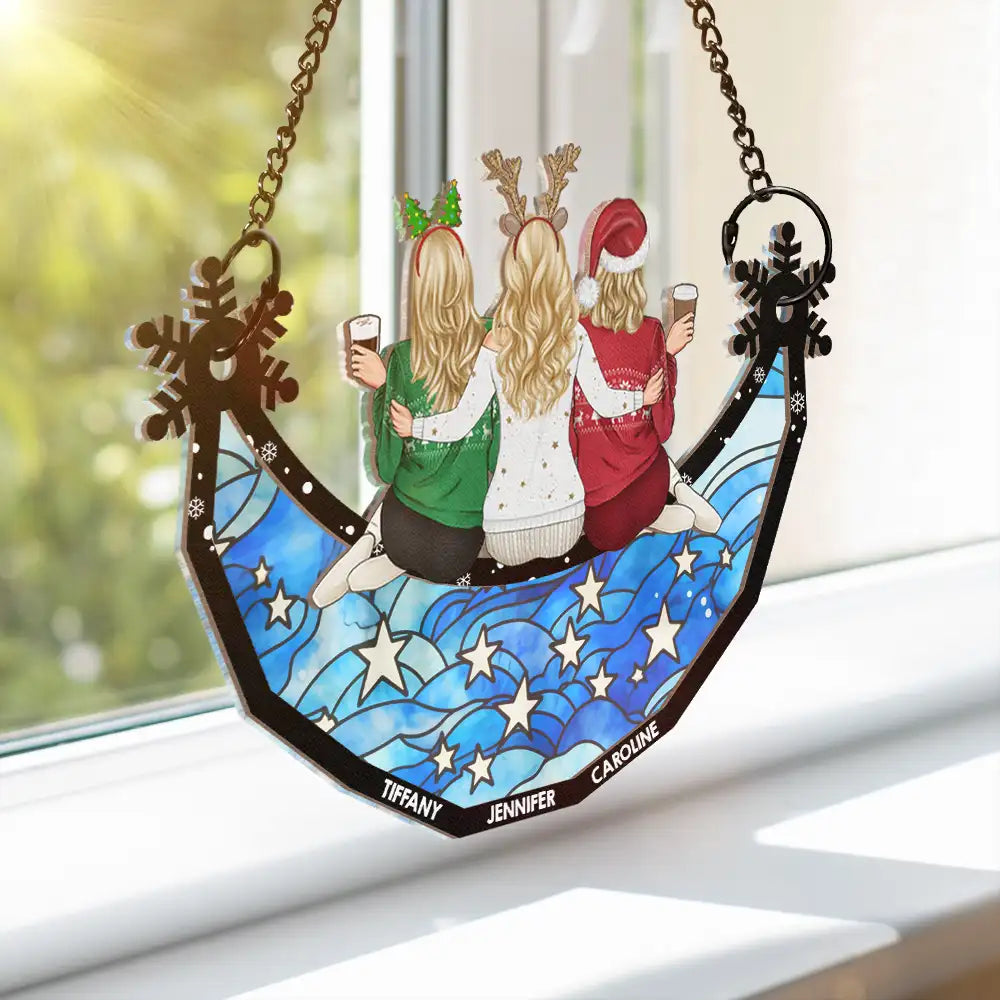 Besties Friends Sisters Sitting Together Snowflakes - Personalized Window Hanging Suncatcher Ornament