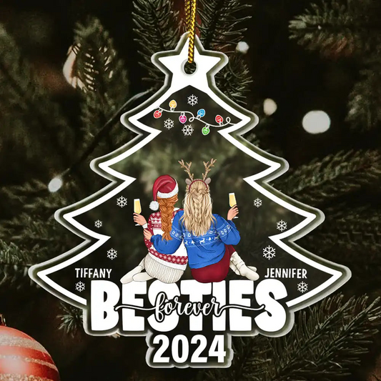 Besties Sisters Forever Christmas Tree - Personalized Custom Shaped Acrylic Ornament