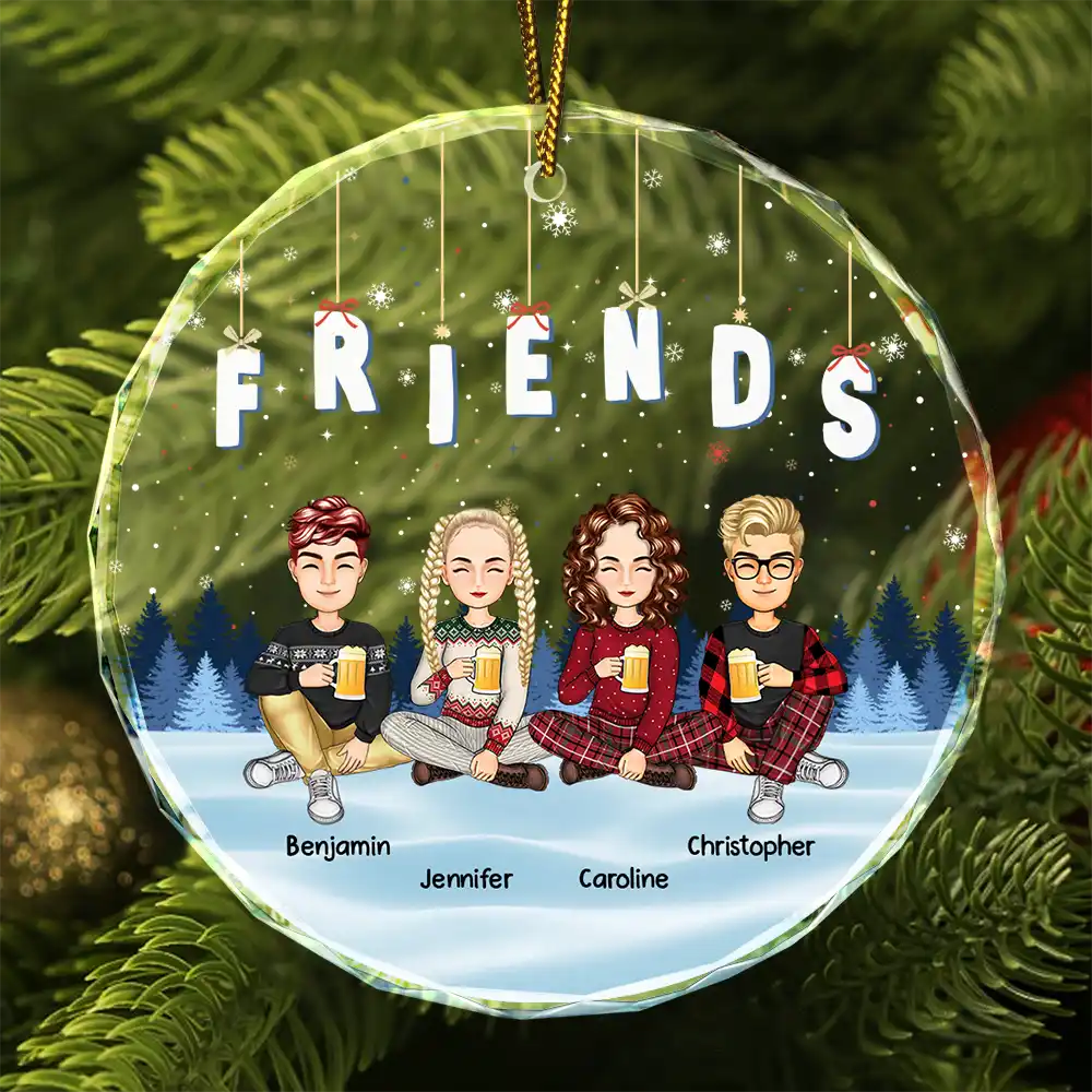 Friends Besties Sisters Sitting Together Cartoon - Personalized Circle Acrylic Ornament