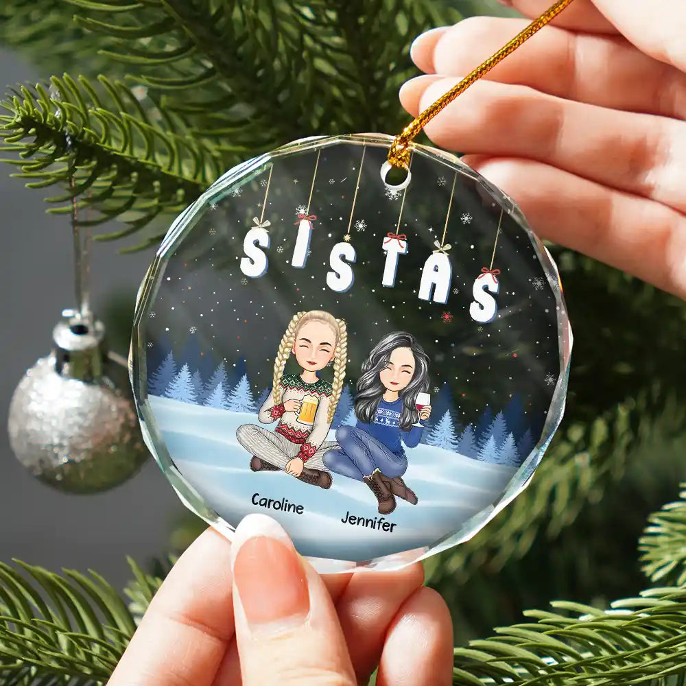 Friends Besties Sisters Sitting Together Cartoon - Personalized Circle Acrylic Ornament