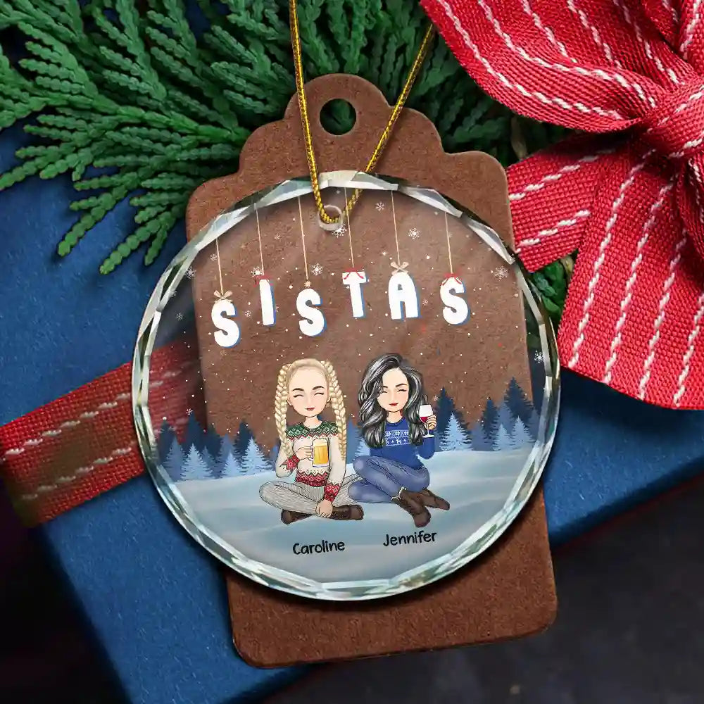 Friends Besties Sisters Sitting Together Cartoon - Personalized Circle Acrylic Ornament