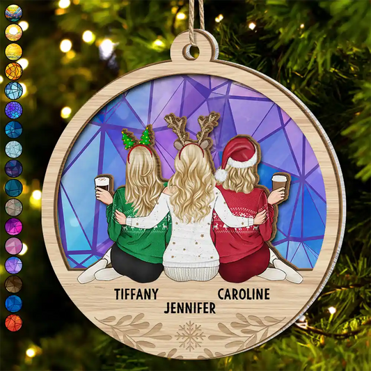 Christmas Besties Sister Sitting Together - Personalized Suncatcher Ornament