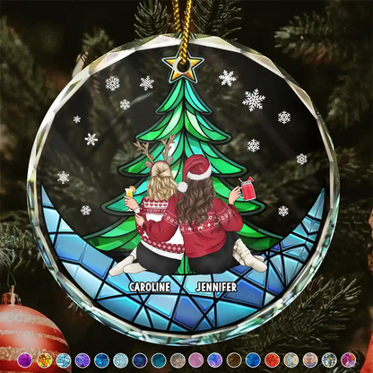 Besties Friends Brothers Sisters Sitting Together - Personalized Circle Glass Ornament
