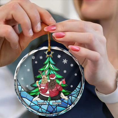 Besties Friends Brothers Sisters Sitting Together - Personalized Circle Glass Ornament