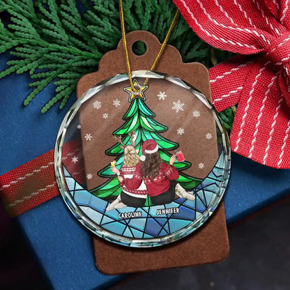 Besties Friends Brothers Sisters Sitting Together - Personalized Circle Glass Ornament