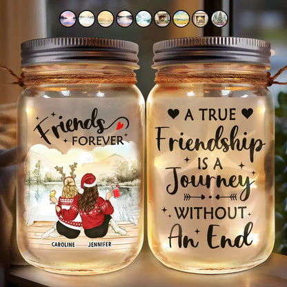 Christmas,Gift For Bestie,Happy - A True Friendship Is A Journey Without An End - Personalized Mason Jar Light