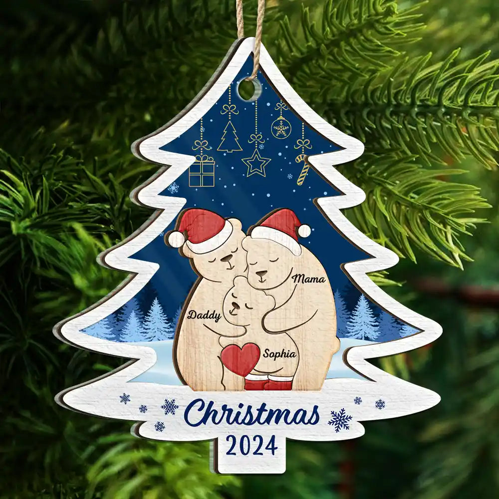 Christmas Bear Family  - Personalized 2-Layered Wooden Ornament