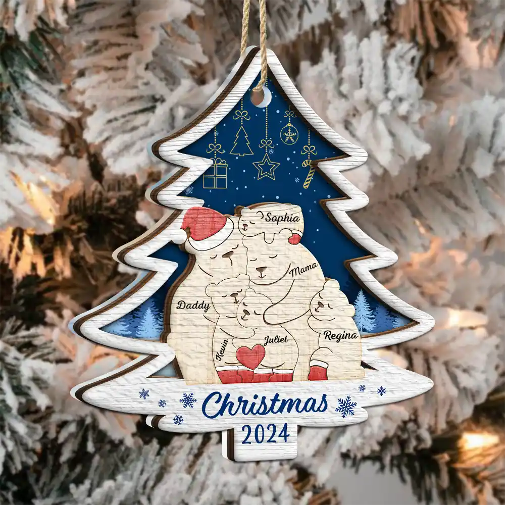 Christmas Bear Family  - Personalized 2-Layered Wooden Ornament