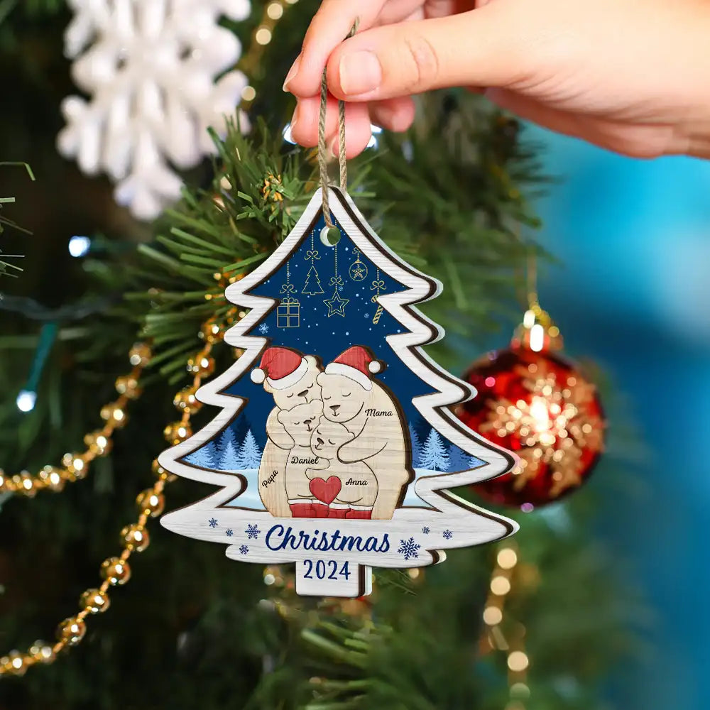 Christmas Bear Family  - Personalized 2-Layered Wooden Ornament