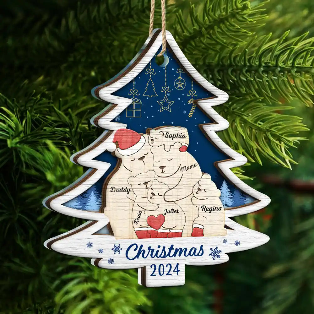 Christmas Bear Family  - Personalized 2-Layered Wooden Ornament