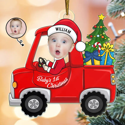 New baby, New Dad, New Mom - Custom Photo Christmas Red Truck Baby - Personalized Cutout Acrylic Ornament