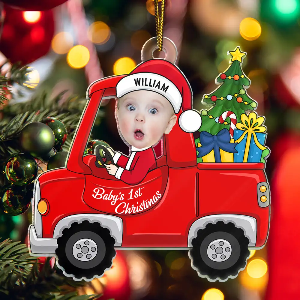 New baby, New Dad, New Mom - Custom Photo Christmas Red Truck Baby - Personalized Cutout Acrylic Ornament