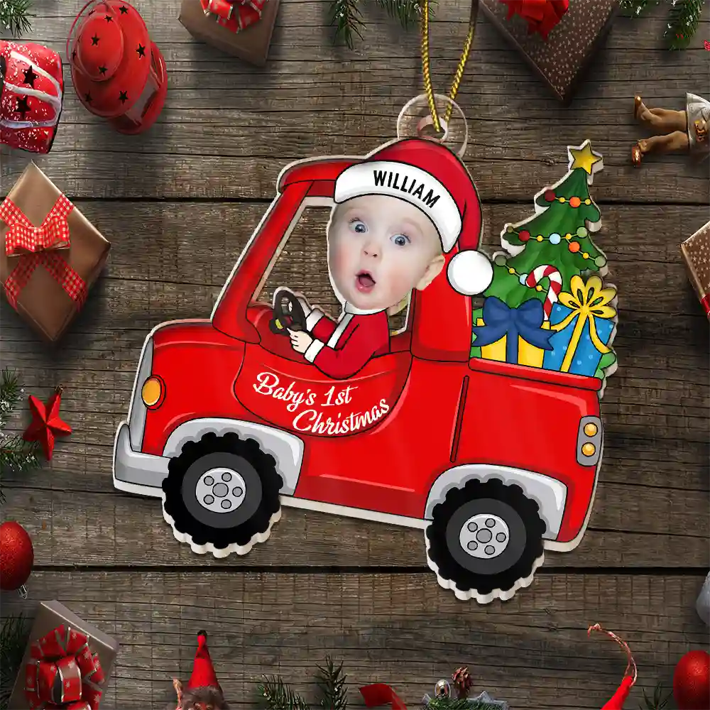 New baby, New Dad, New Mom - Custom Photo Christmas Red Truck Baby - Personalized Cutout Acrylic Ornament